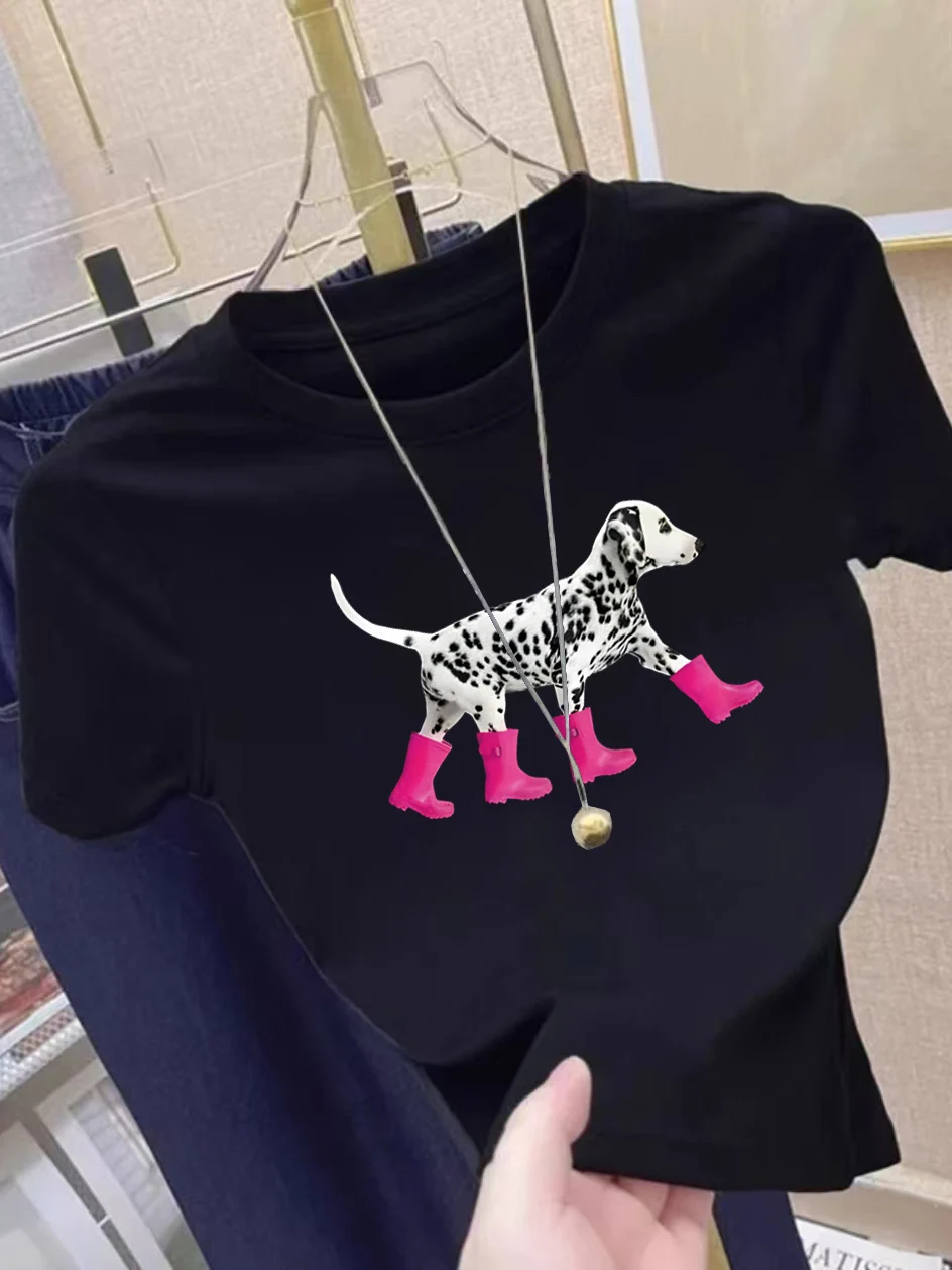 تي شيرت نسائي صيفي بأكمام قصيرة من Outlet ~ American Spot Dog بتصميم كلاسيكي على الكتف من القطن كاجوال على الطراز الكوري