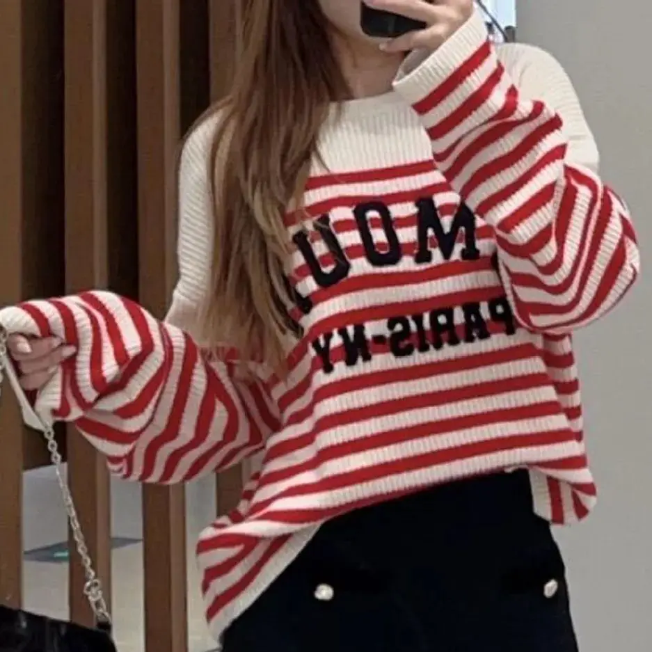 

Fall/Winter Women O-Neck Contrast Striped Letter Long Sleeve Solid Sweater Loose Soft Casual Fashion Knit Pullover