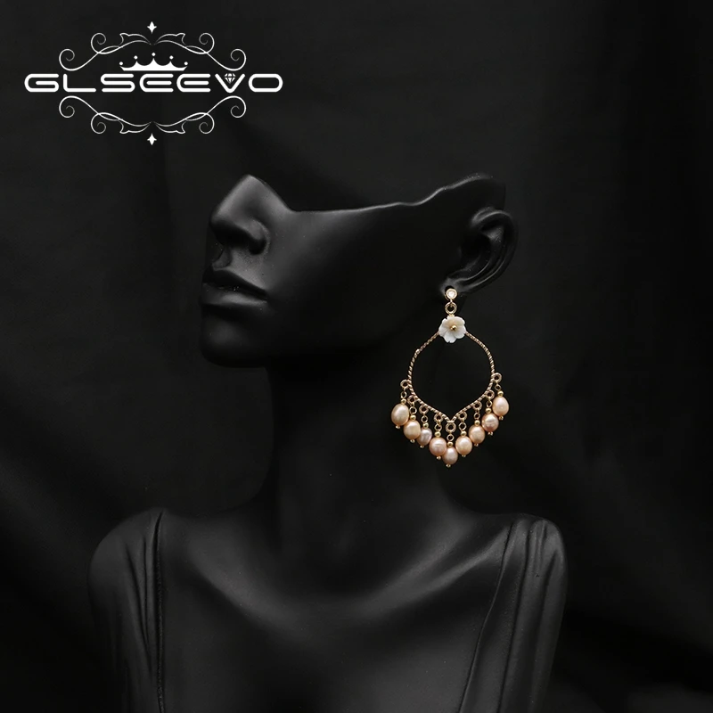 GLSEEVO Natural Pink Freshwater Pearls 18k Electroplated Gold Shell Flowers Drop Earrings vintage Luxury Wedding Jewelry GE1245 2