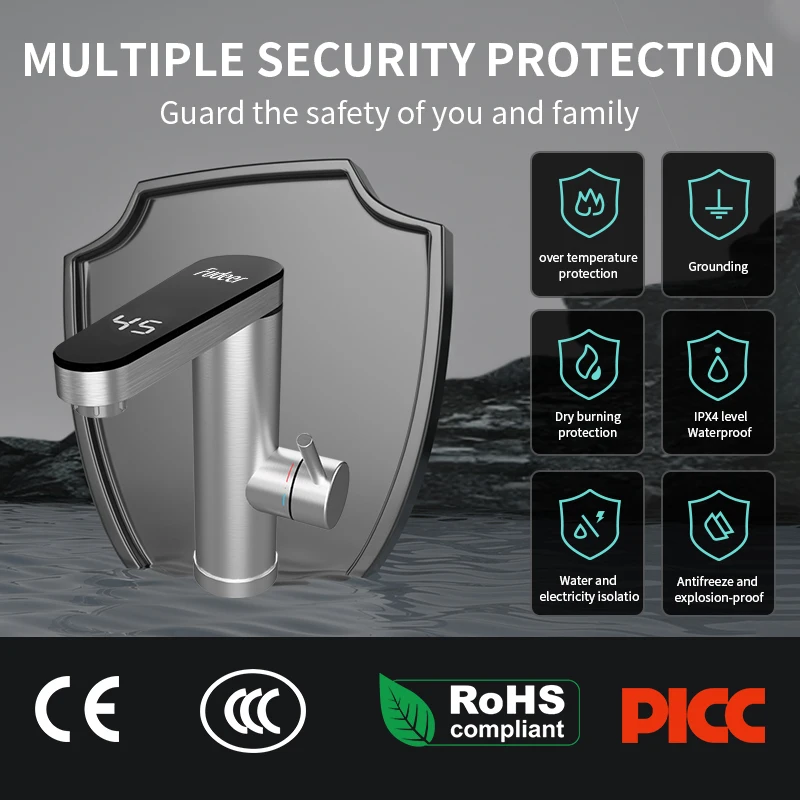 Fudeer 3400W 220V Electric Kitchen Water Heater Tap Instant Hot Stainless Steel Water Faucet Heater Cold Heating Faucet