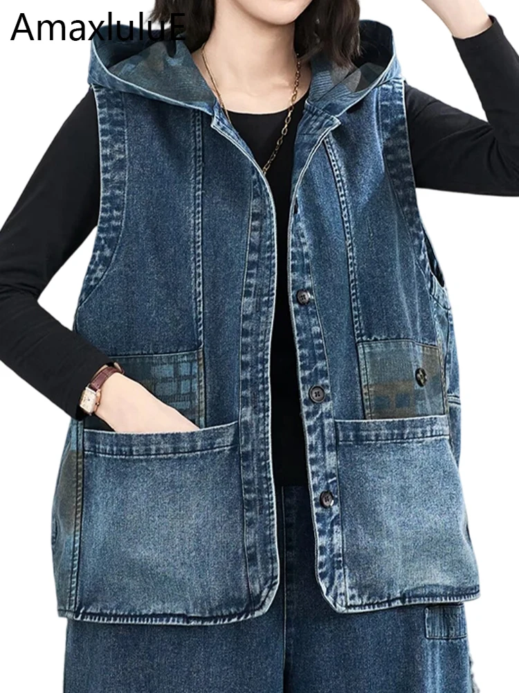 

Amax LuluE Spring Vintage Leisure Hooded Waistcoats Females Classic Patchwork Denim Vest Womens Fashion Loose Sleeveless Coats