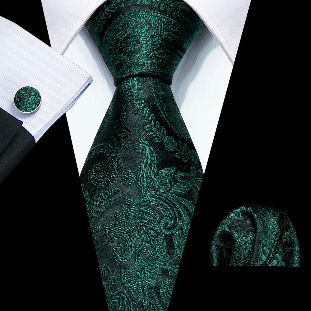 New Green Silk Tie For Men 2023 Classic Floral Suit Necktie Fashion Jacquard Handkerchief Cufflinks Set Wedding Party Barry.Wang