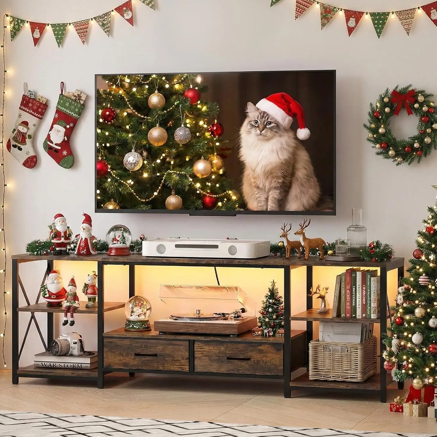 

Тумба под телевизор промышленного стиля с 2 тканевыми ящиками и открытой полкой для хранения, для гостиной и спальни, подходит для телевизоров 55-65 дюймов, черная стальная рама, на заказ