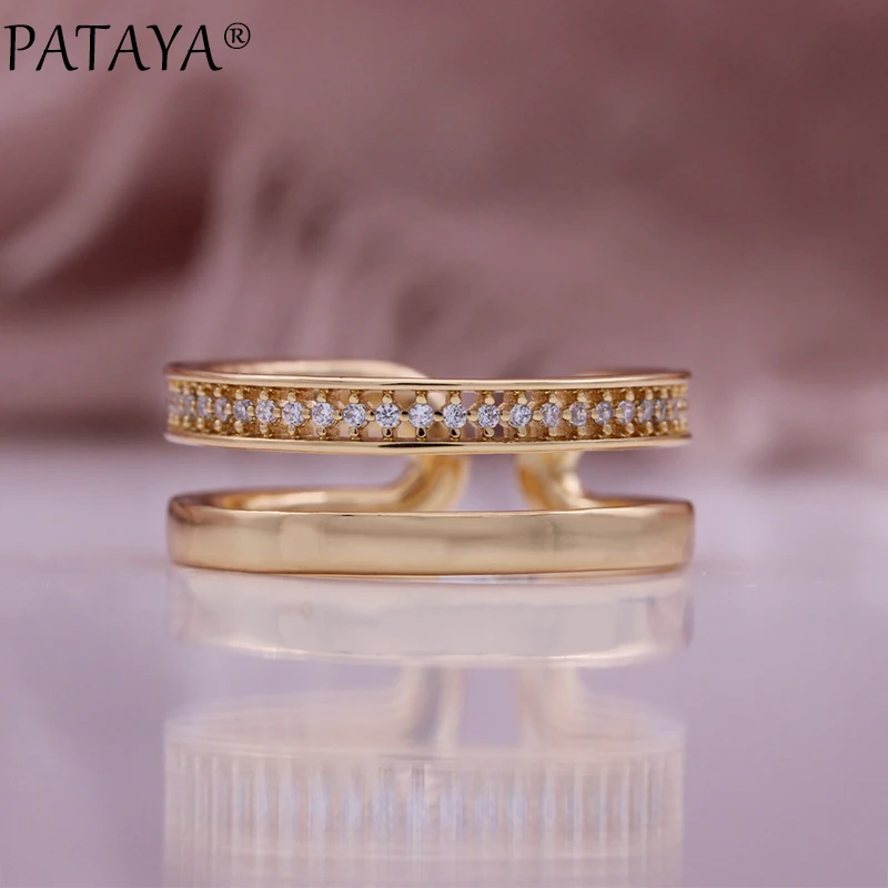 PATAYA New 585 Rose Gold Color Ring Natural Zircon Women Fashion Fine Craft Hollow Round Open Ring Wedding Jewelry