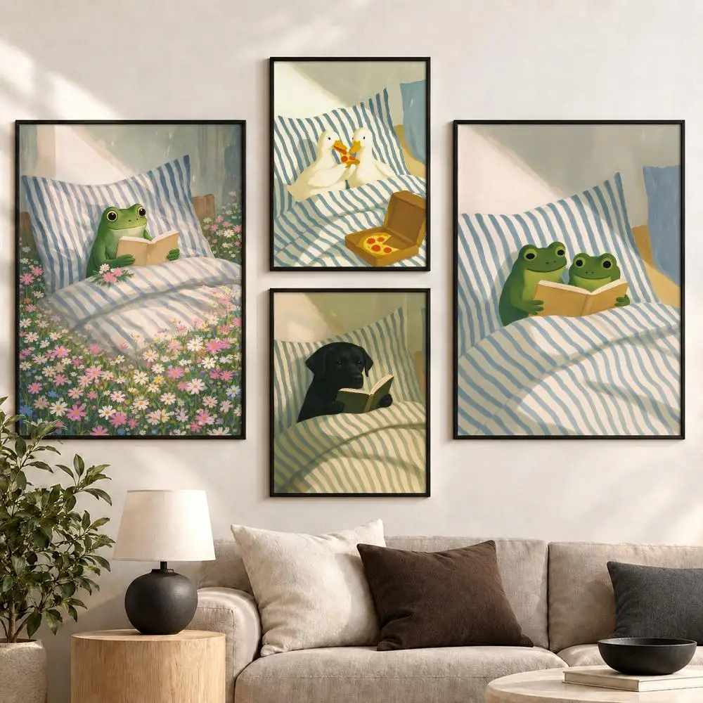 An animal reading a book in bed Cozy Bookish Dream Art Poster Aesthetic Art Print for Bedroom & Living Room Decor, Unframed