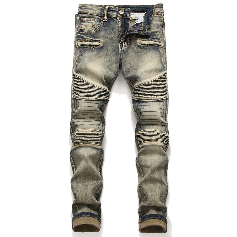 2024 retro color motorcycle jeans men's fashion street stitching trendy handsome slim-fitting stretch pencil pants skinny pants