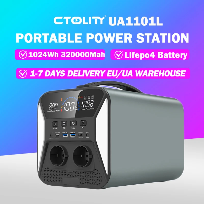 

CTOLITY UA1101L 1024Wh Portable Power Station Lifepo4 Battery Power Bank 320000Mah Solar Generator Emergency Power Supply RV
