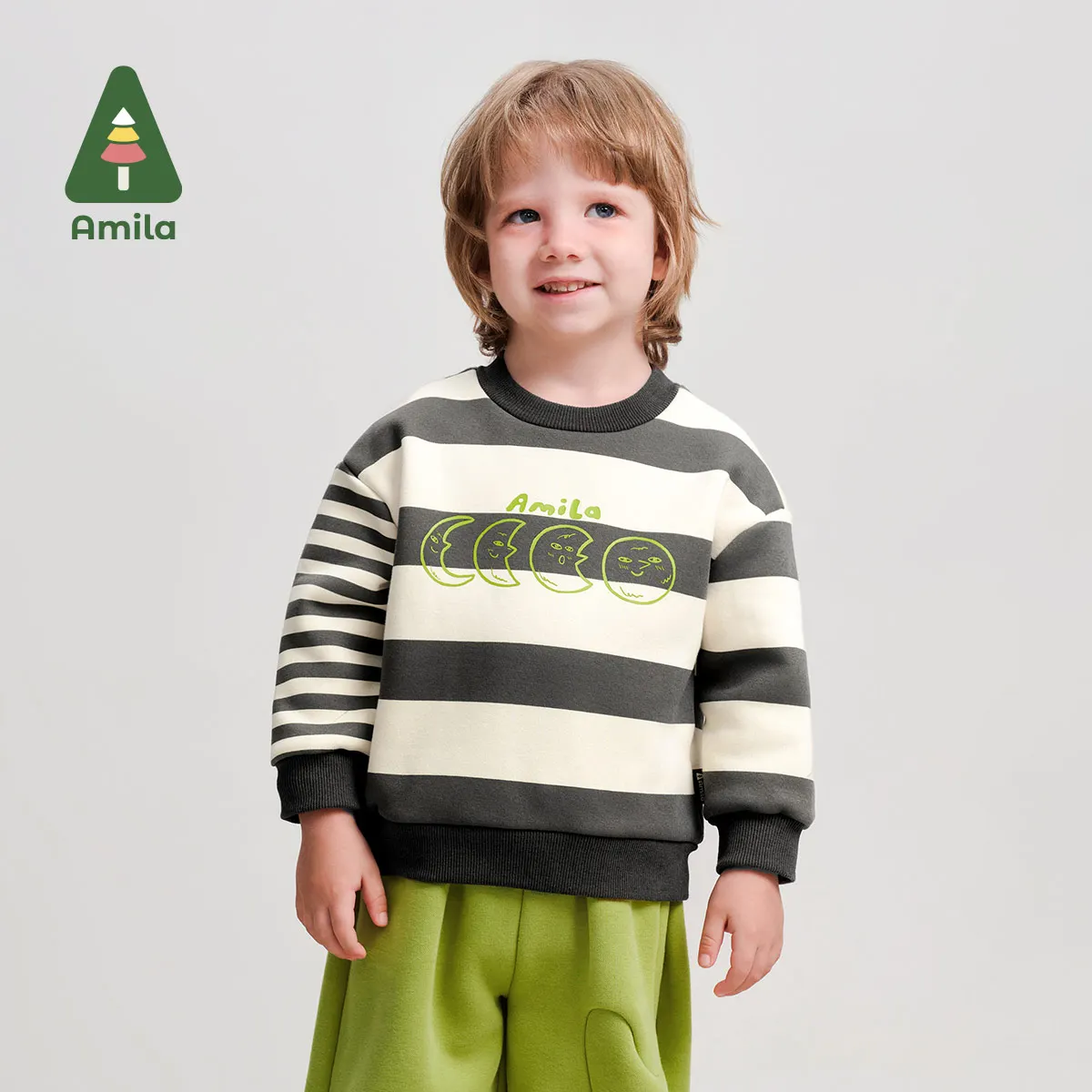 Amila Baby Sweatshirt 2024 Winter New High Quality Boys And Girls Striped Plus Velvet Warm Skin-Friendly Loose Children’s Tops