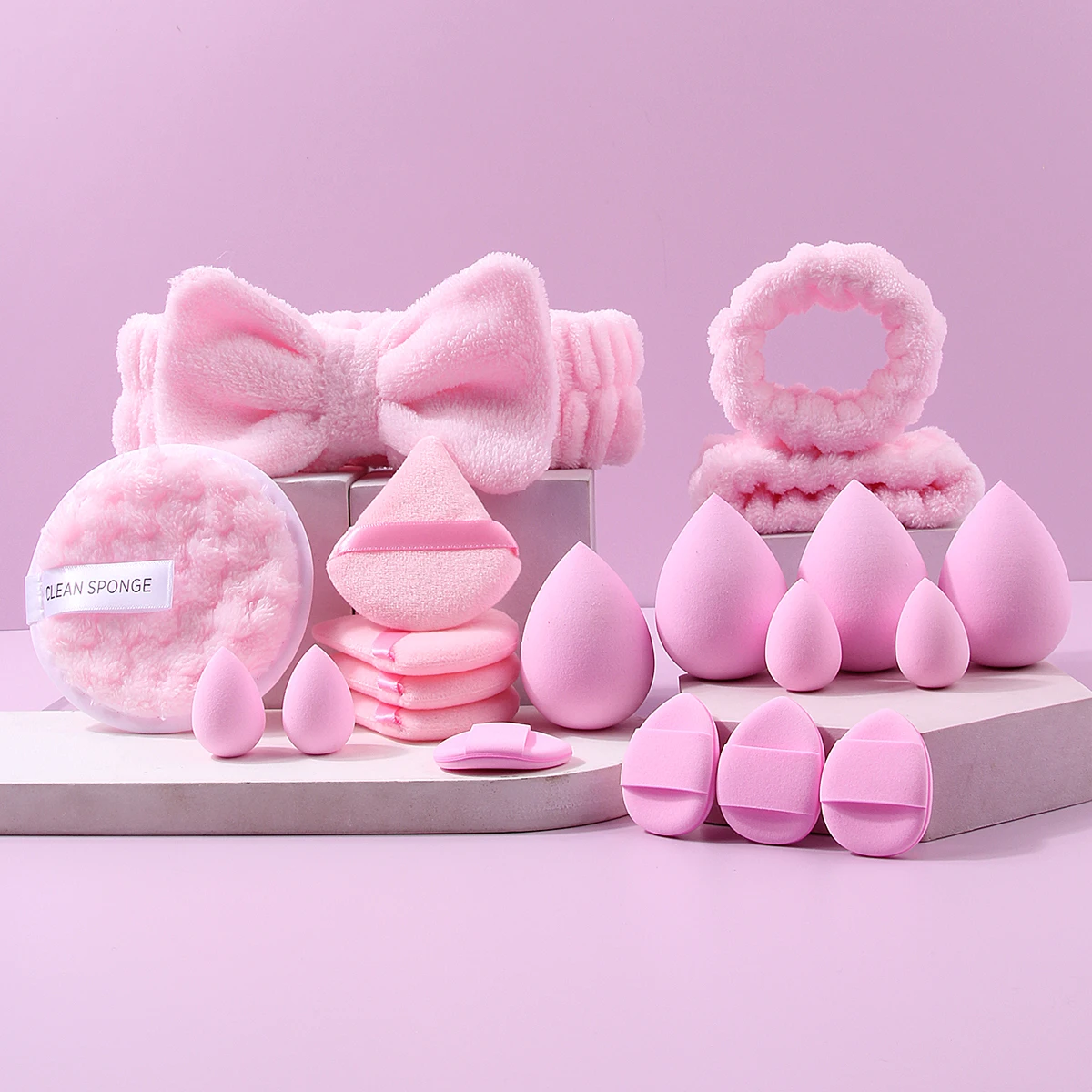 Juego de herramientas de maquillaje y limpieza facial profesional de 20 piezas, incluida esponja en polvo, banda para el cabello, muñequera y esponja para lavado de cara