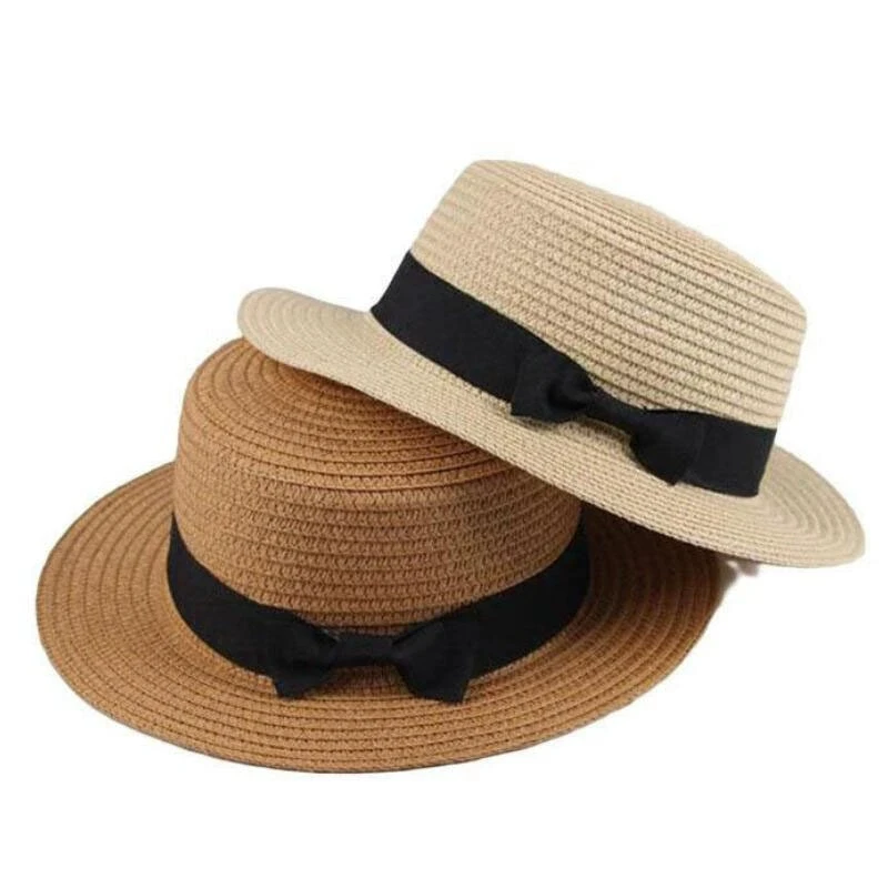 Damen-Sommerhut im britischen Stil, einfacher Strohhut mit kleiner Krempe, koreanischer Stil, Schleifenknoten, flacher Sonnenhut, beliebter Damen-Strohhut – Detail 2