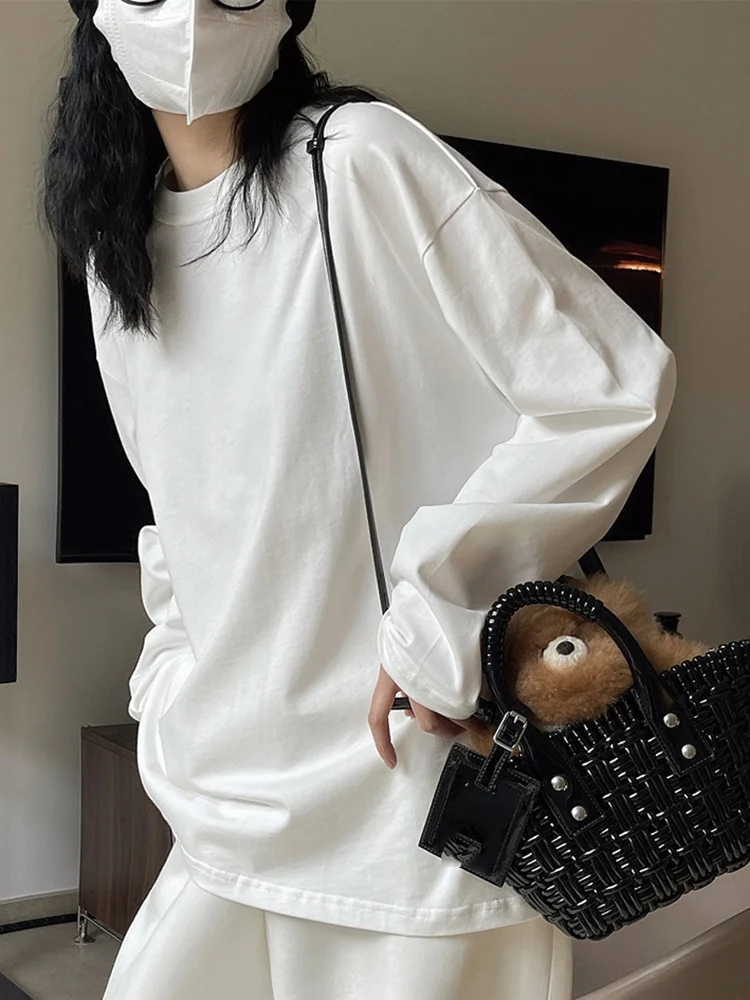 [LANMREM] Minimalism Solid Pullover T-shirt For Women Round Neck Long Sleeve Casual Loose Bottoming Tops New 2024 Autumn 26D1082