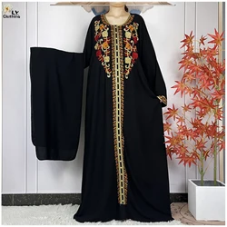 Nuevo estilo musulmán mujeres vestido de manga larga de algodón sólido bordado Boubou Robe Islam Casual mujeres sueltas Maxi ropa Abaya africana