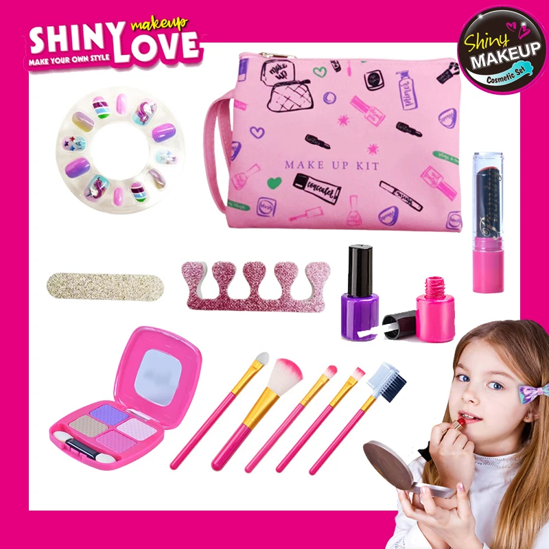 화장품 가방이있는 소녀를위한 메이크업 키트 장난감 메이크업 극장-핸드폰 여행 세트, 네일 뷰티 세트 립스틱 재미있는 게임 장난감