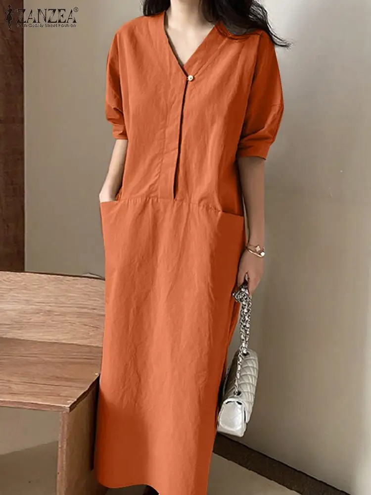 ZANZEA 2024 Summer Korean Cargo Pockets Dress Vintage Khaki Long Robes Women Casual Office V-neck Dress Harajuku Loose Vestidos