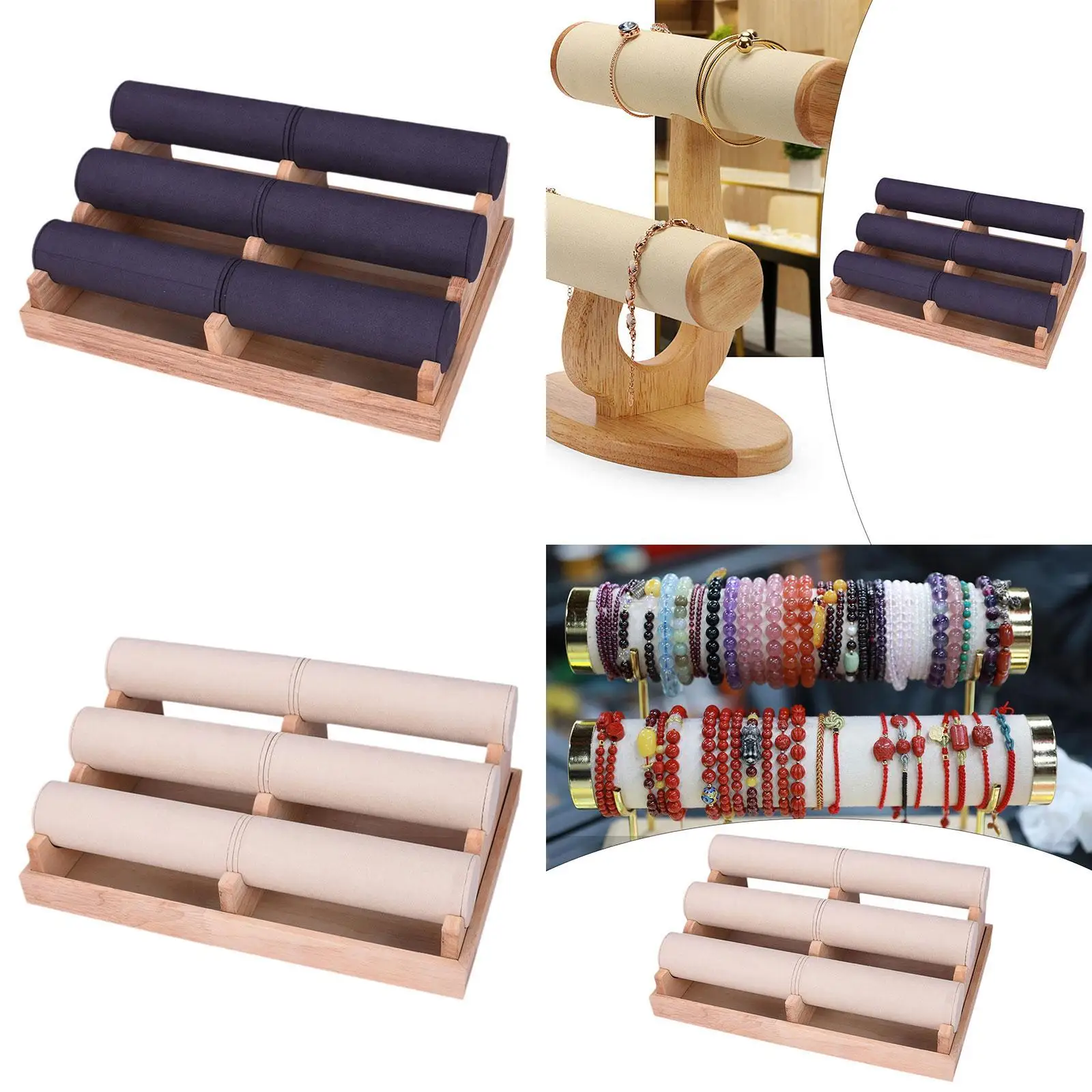 Jewelry Organizer Stand Bracelet Holder Display Rack Wood Velvet Detachable Rods for Bangle Watch Hairband Scrunchie Showcase