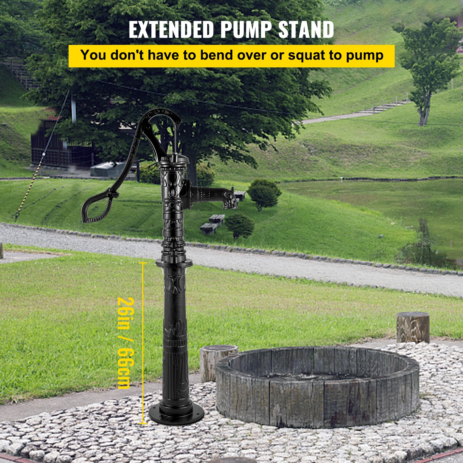 VEVOR 스탠드 포함 핸드 워터 펌프, 15.7x9.4x53.1 인치 피처 펌프, 마당 정원 농장 관개용 펌프 스탠드, 26 인치