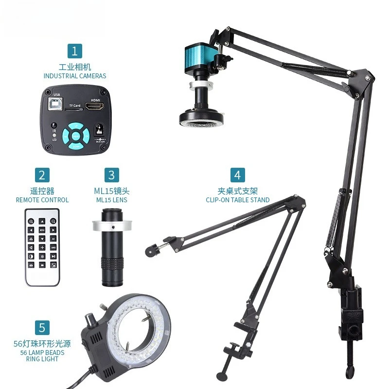 HDMI USB Digital Industrial Microscope 48MP 2X Lens with Adjustable Cantilever Stand Ring Light Electronics Repair PCB Testing