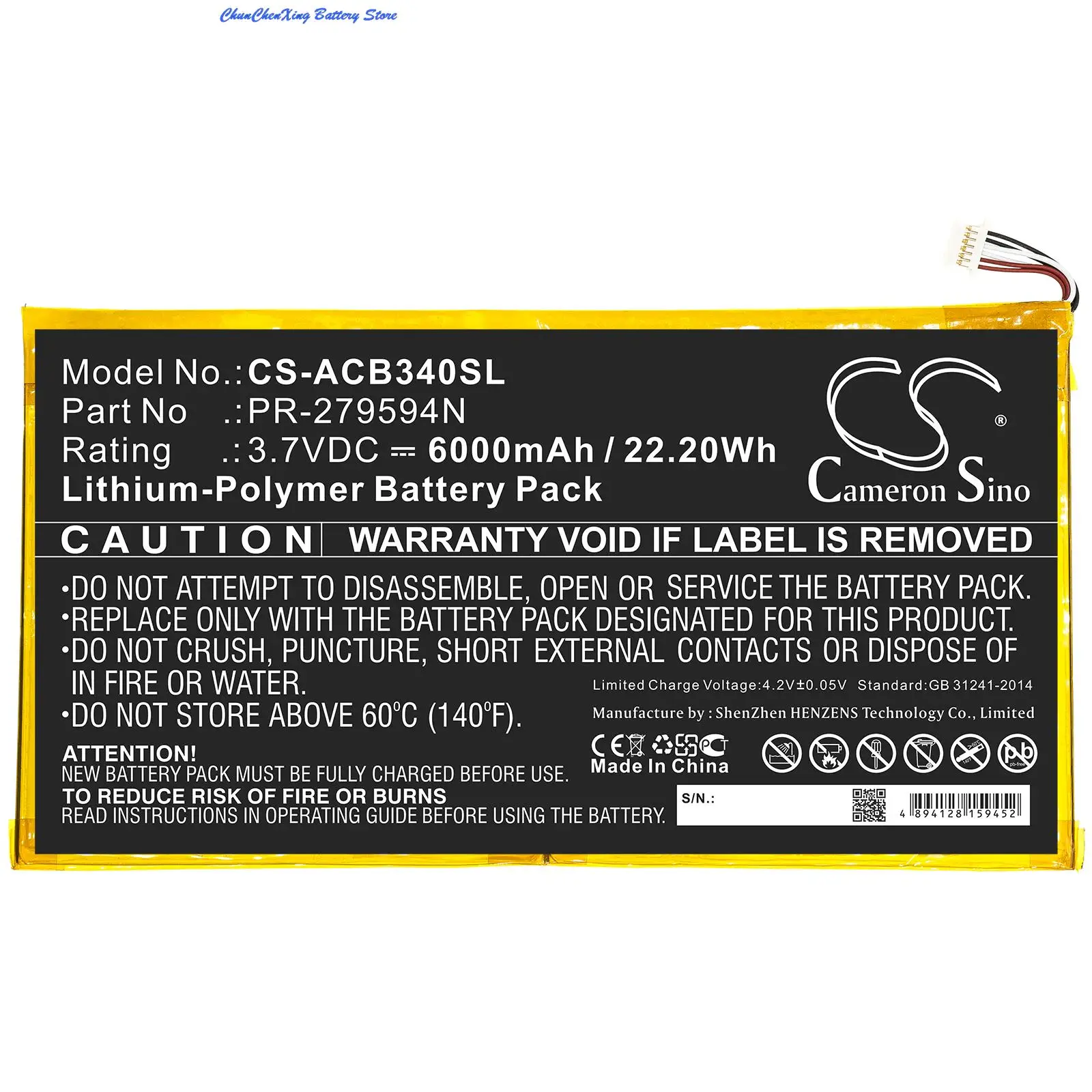 Cameron Sino  6000mAh battery PR-279594N for Acer Iconia One 10 B3-A40, NOTE: For 6 Pin Connector Version