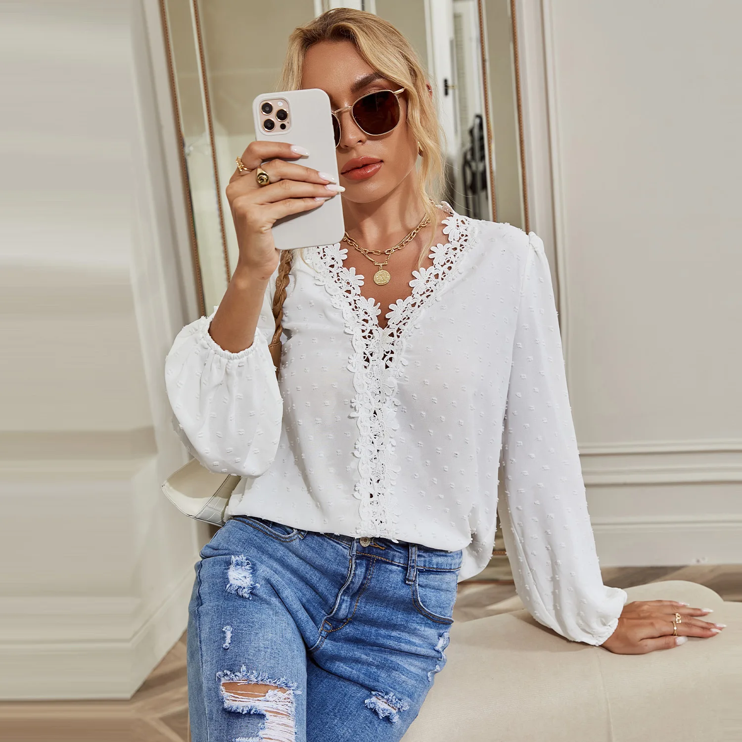 Lantern Long Sleeve Shirt for Women 2023 Summer New Style Commuter Sexy Deep V-neck Hollow Hook Flower Tops