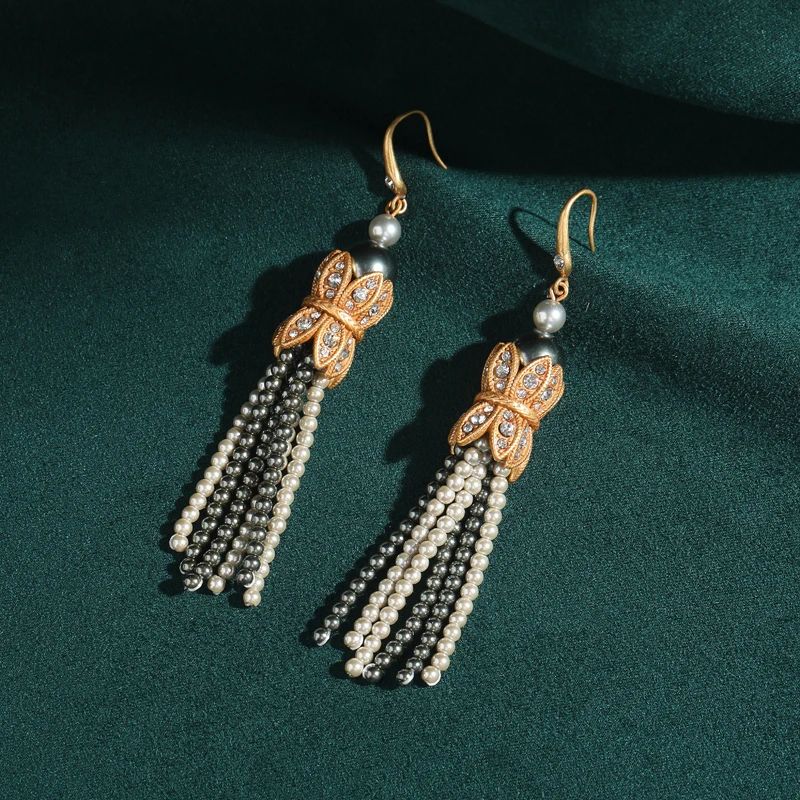 

Vintage Long Pearl Tassel Drop Earrings Bowknot Luxury Designer High Quality Dangle Butterfly Accessories Summer Jewelry Trend