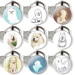 lovely Samoyed dog puppy Keychain Handmade Glass Cabochon Key Ring Holder Pendant Key Chains