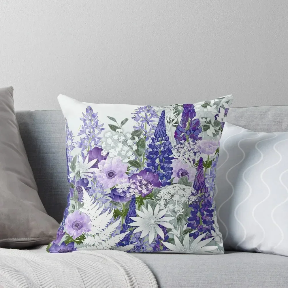 Blue Flower Garden - Lupins, Anemones, Camassia, Ammi Throw Pillow Throw Pillow Covers Couch Pillows pillow