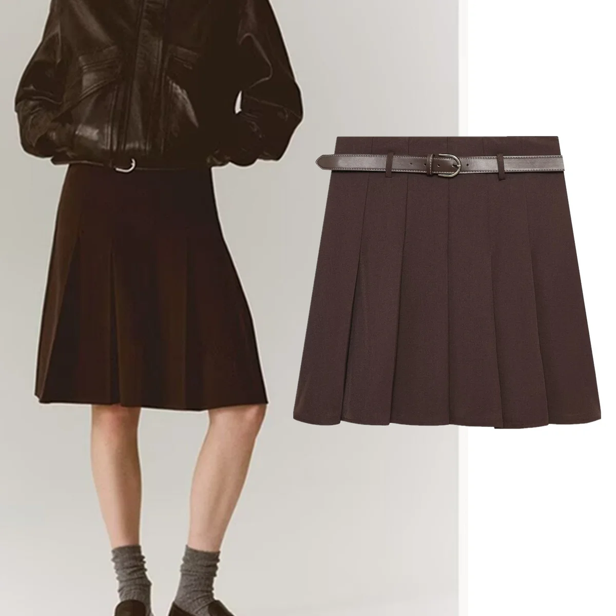 Jenny&Dave 2026 Spring Minimalist Brown Pleated Skirt With Belt Fashion Elegant Mini A-line Skirt Woman Clothing Faldas Skirts
