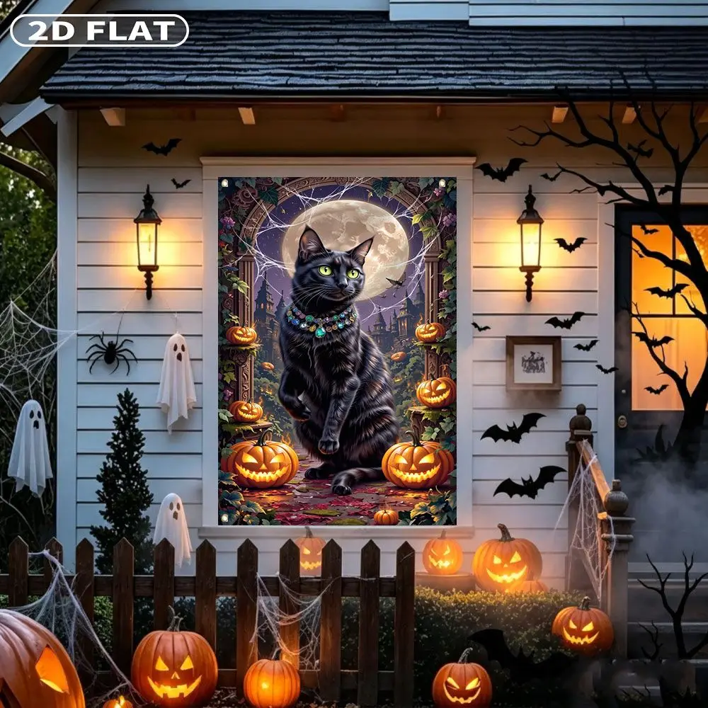 2D FLAT 1pc Party Banner, Halloween Window Cover with Black Cat With Pumpkins Under Full Moon,122x88cm, Polyester, 4 grommets