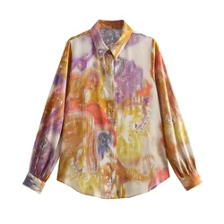 2024ZARSpring/Summer New Women's European and American Style Layered Tone Printed Silk Satin Texture Shirt