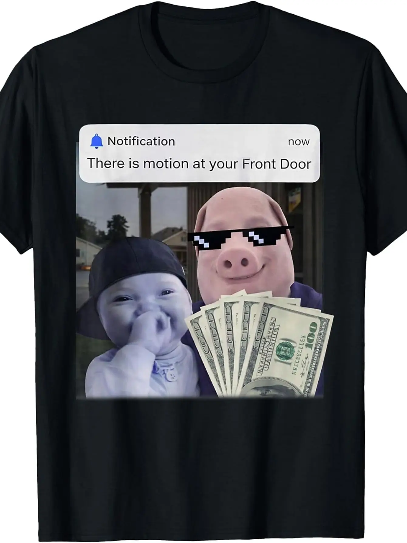 There Is Motion at Your Front Door John Pork AI Meme T-Shirt Funny Crew Neck Tee with Stylish Print Casual Comfortable Travel Clothing for Fashion Enthusiasts Ideal for Summer Spring Fall And Daily Wear