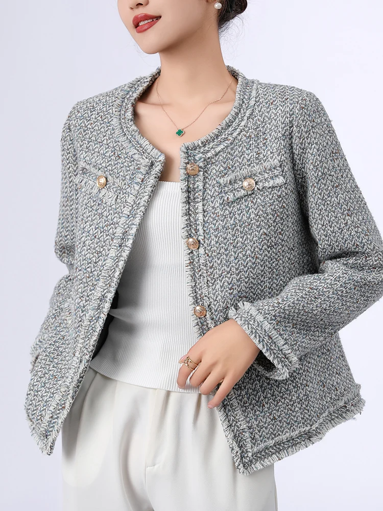 

Icelandic ey Blue Handmade Workop Ele Lady Small Fraance Sle Coat Long Sve Thi Tweed Loose Women Spring New ...