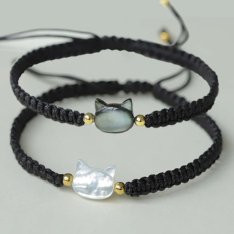 Natural Moonstone Obsidian Bracelets Black Braided Rope Cute Cat Charm Bracelet for Women Men Wrist Chain Couple Lovers Gifts