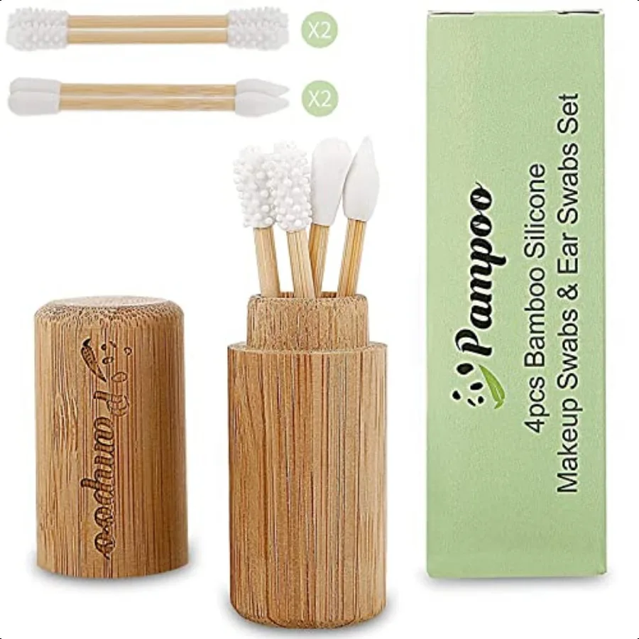 Pampoo 4 pezzi Qtips riutilizzabili senza plastica con custodia in bambù Tampone di cotone riutilizzabile Qtip Zero Waste Packagengthen Bamb spesso
