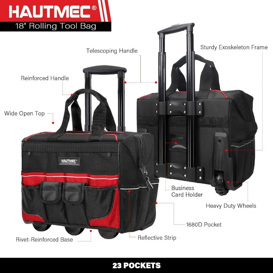 18 حقيبة أدوات دوارة مع عجلات 23 جيب منظم محمول في نسيج الثور المقاوم للماء تصميم واسع الفم عجلات كبيرة الحجم Te #2
