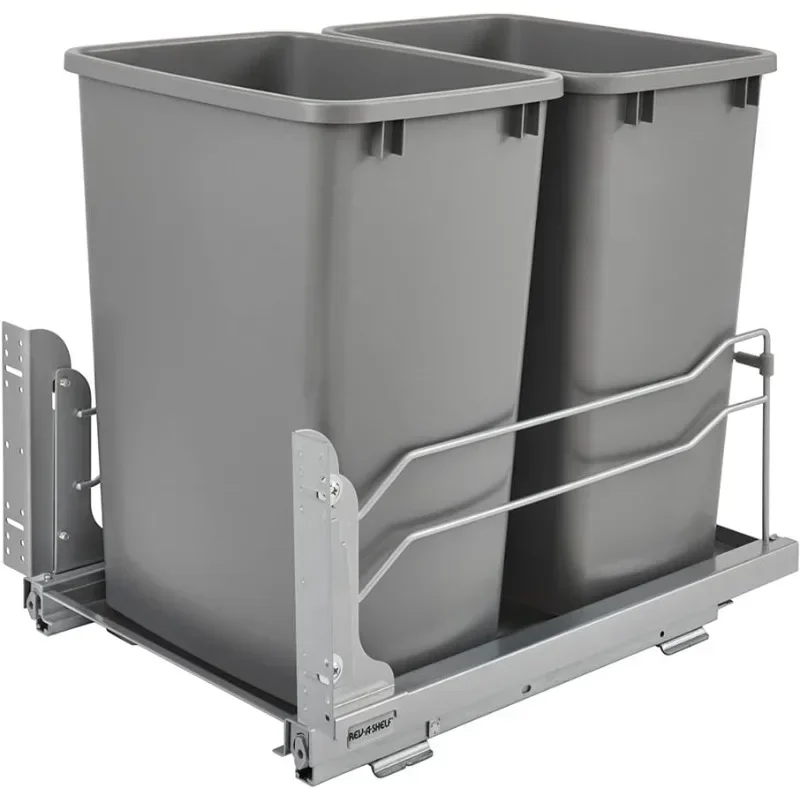 Double Pull-Out Trash Can for Under Kitchen Cabinets 35 Quart 8.75 Gallon with Soft-Close Slides, Metallic Silver