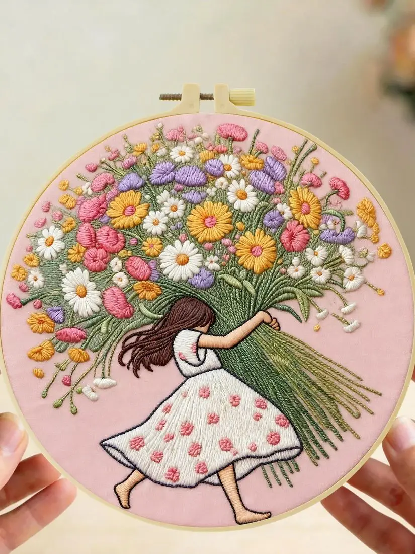 1 Stück 20X20CM/15X15CM Das Mädchen mit Blumen Stickerei Starter-Kit DIY Kreuzstich Nähkunst als Geschenk – Detail 1