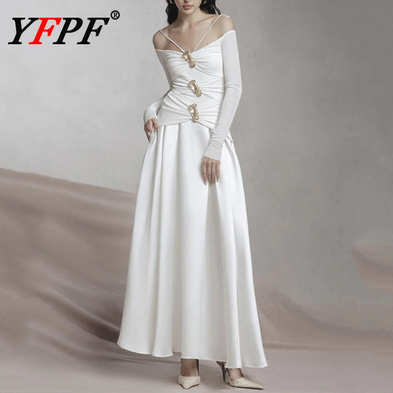 

YFPF Slash Neck Elegant Dress Women Folds Button Spliced Design Slim High Waist A Line Long Evening Dresses 2025 New Clothing