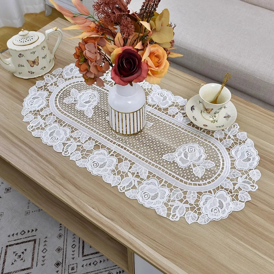 

Luxury Lace cotton flower embroidery Table flag Runner cloth cover tablecloth Christmas Wedding Table decoration and accessories