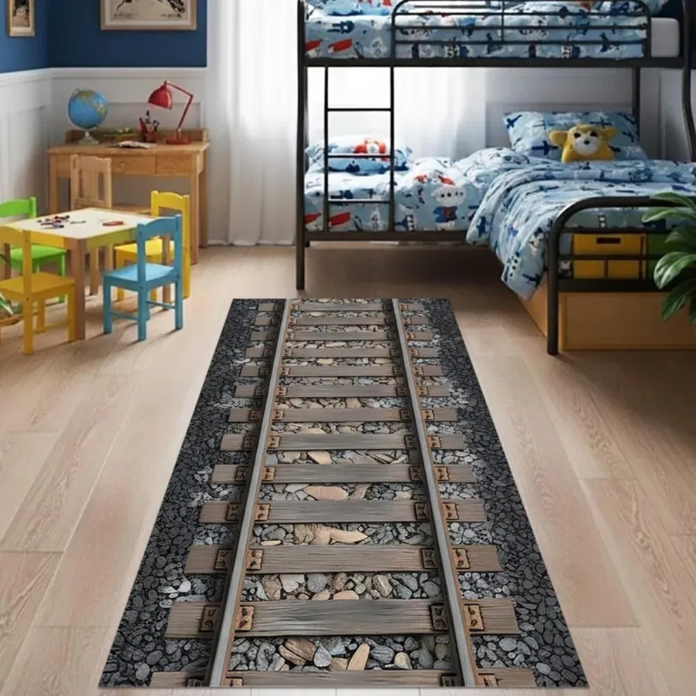 3D Retro Train Track Runner Carpet Fabric Comfortable Non Slip Easy Clean Perfect for Home Place Kitchen Mats or Vacation Home