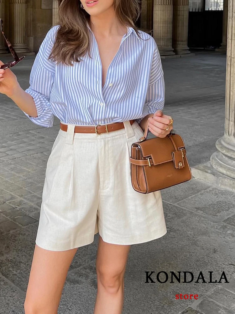 KONDALA Casual Striped Print V Neck Shirts Women Long Sleeve Oversized Office Lady Shirts Fashion 2023 Summer Autumn Blouses Top