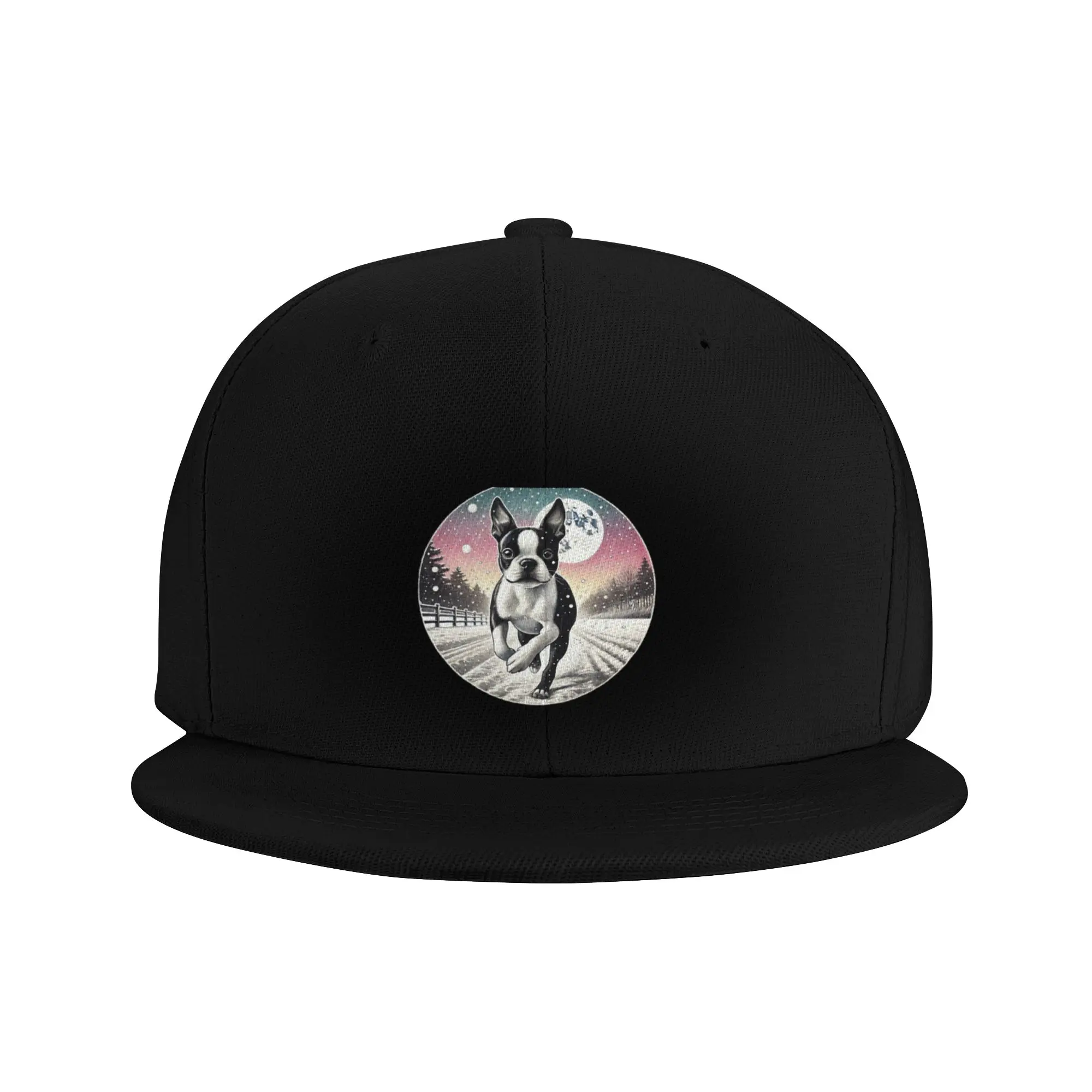 Fashion Boston Terrier Running   Winter Night Pet Adventure Flat Brim Sun Hat  Suitable For Oval Faces Luxury Woman Cap