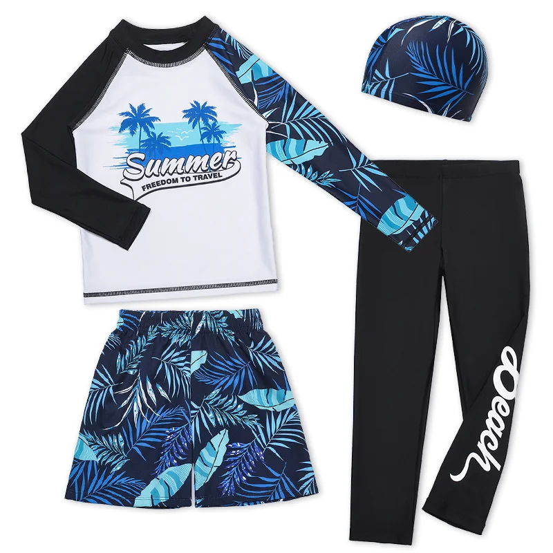 4 pcs Children Long Sleeve Swimsuits Skirt 4-Pieces Rash Guard Set Sun Protection UPF50+ Protective Boy Bathing Suit