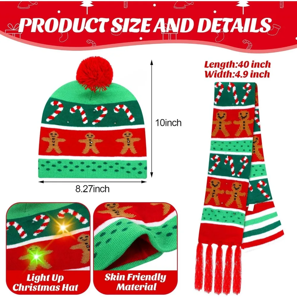 22 Pcs Christmas Hat Winter Scarf Winter Knitted Hat Scarf Xmas Colorful Flashing Holiday Party Supplies