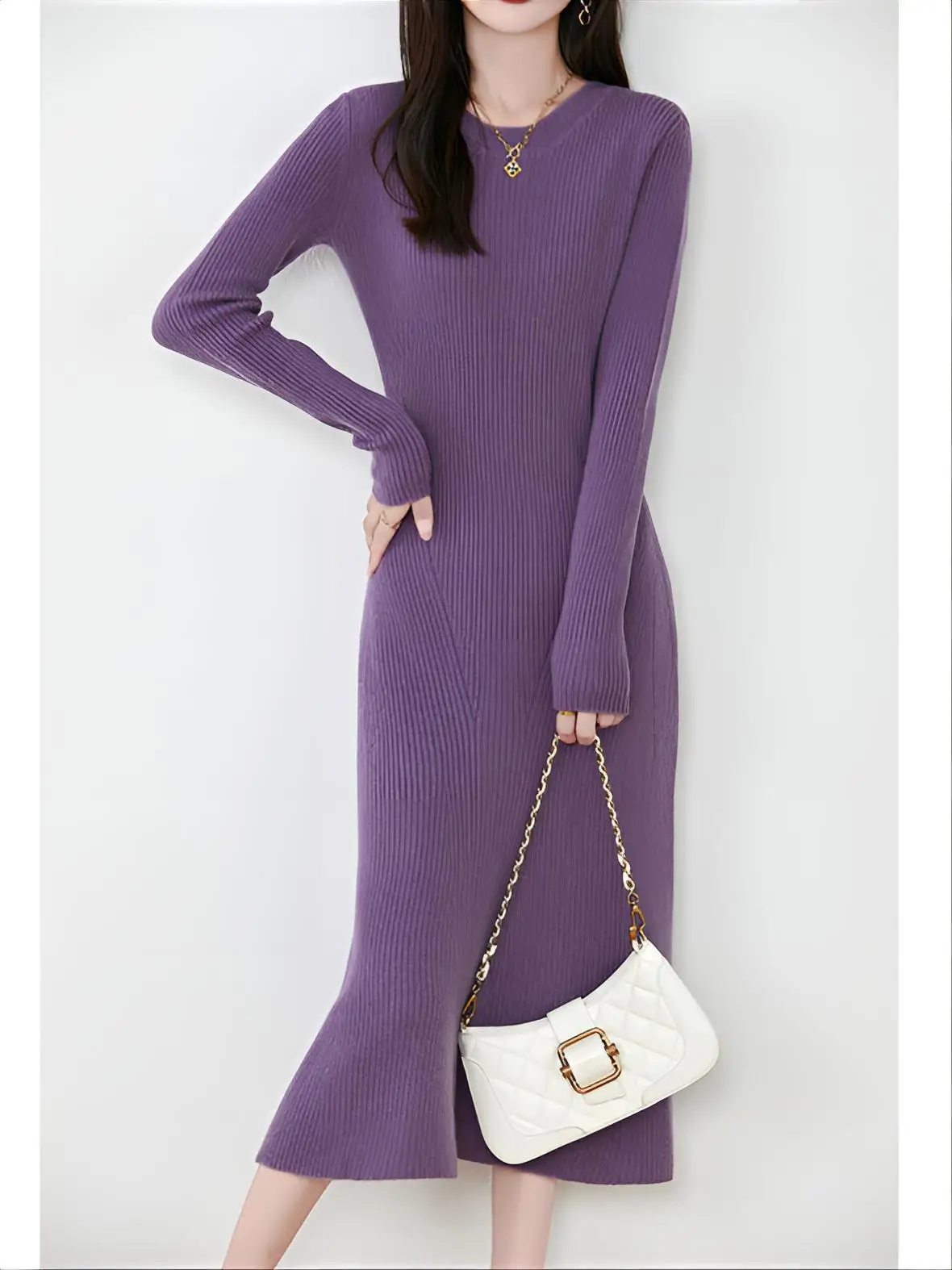 

Knee Length Pullovers Elegant Sweaters Jumpers Women Light Fur Trim Outer Ladys Hip-Hop Grid Cable Pattern Curve Hemline Vintage