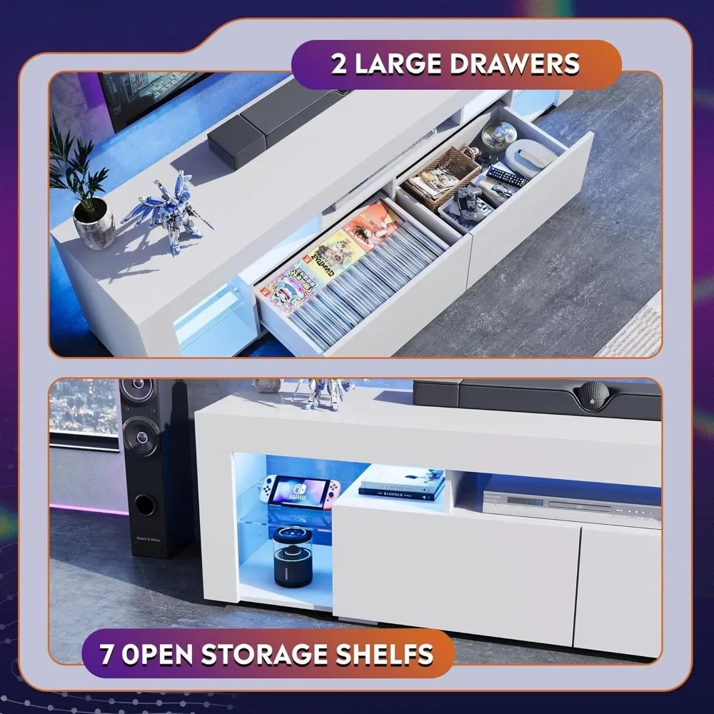 Suporte de TV de 63 polegadas, centro de entretenimento LED para TV de 60 a 70 polegadas, console de TV moderno com 2 gavetas, suporte de TV para sala de estar