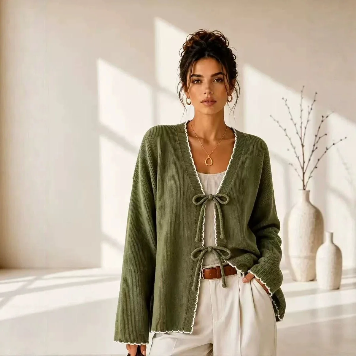 Chic Tie Front Ribbed Knit Cardigan for Women Long Sleeve Top Loose Casual Elegant Daily Spring Autumn Solid Color Knit Coat