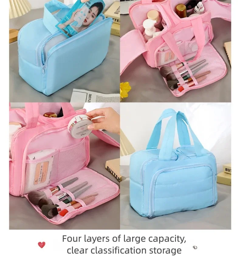 Dual Open Design Travel Makeup Bag Multi-pocket Waterproof Nylon Cosmetic Pouch with Handle Large Capacity Toiletry Wash Bag