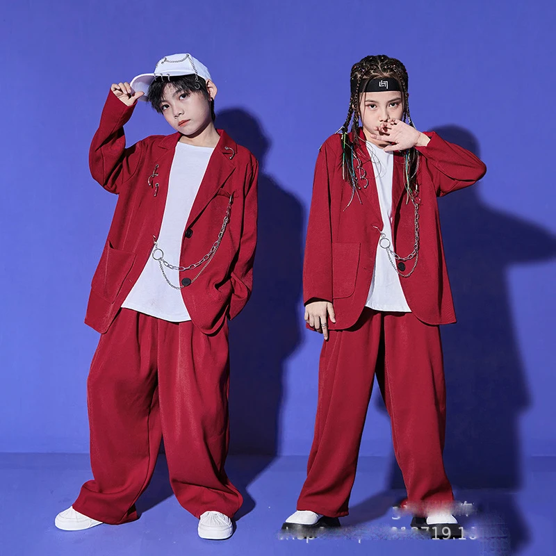 Trajes rojos sueltos de Hiphop para niñas, trajes de baile de Jazz, baile de salón, baile de Hip Hop, ropa de calle, DQS12244, 2023