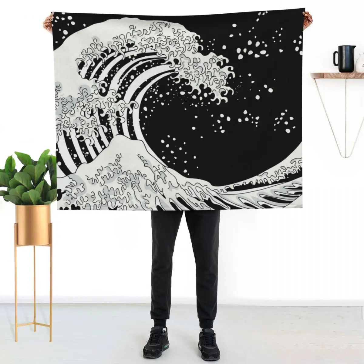 Black and White Great Wave Throw Blanket Elegant Warm Throw Blanket for Hotel Home