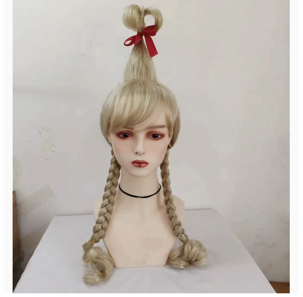 シンディ・ルー・フー映画コスプレウィッグ女性用赤いリボン付きルーヘア耐熱人工毛ウィッグクリスマスパーティーウィッグギフト